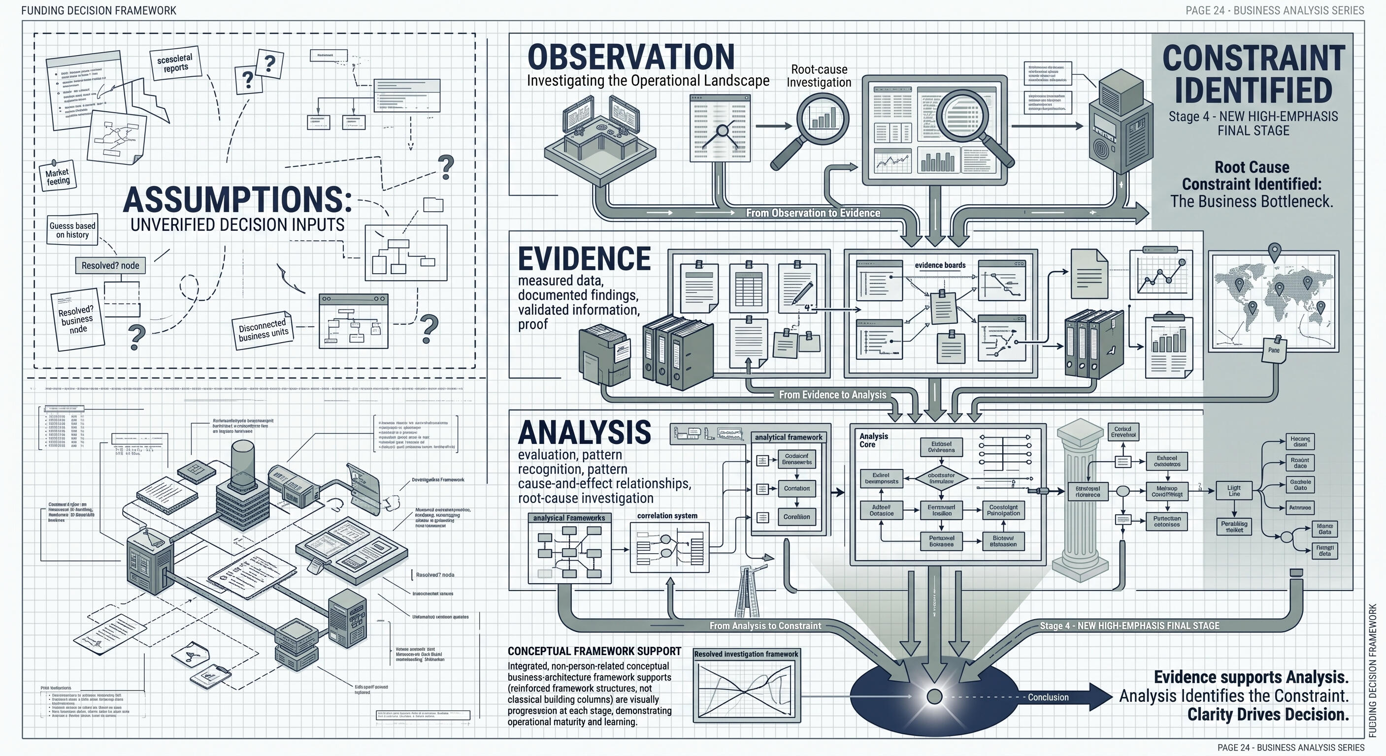 Business Investigation Framework Blueprint-style business investigation diagram showing a structured diagnostic process moving from assumptions and observations through evidence gathering and analysis to identify operational constraints, bottlenecks, and root causes.