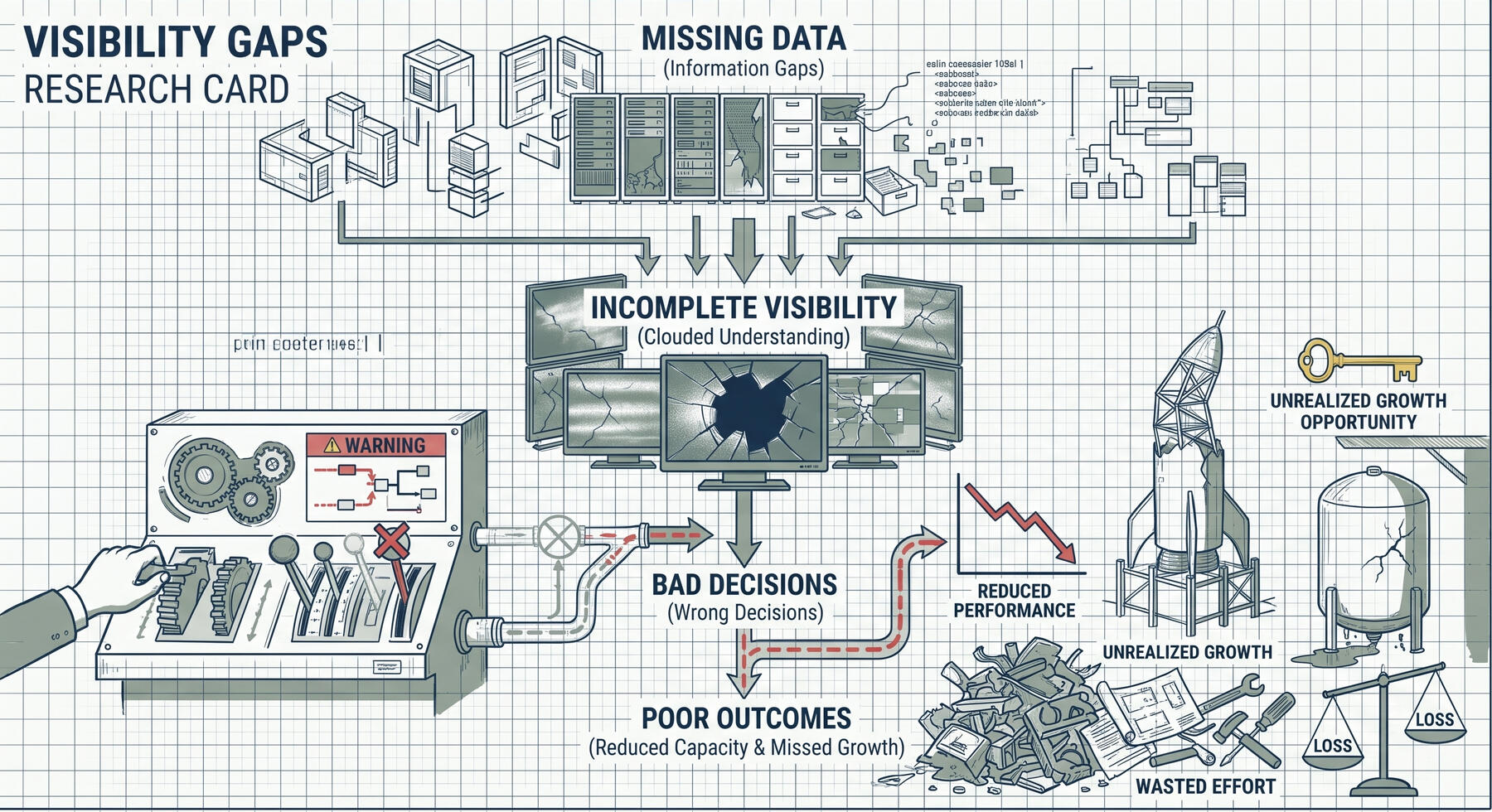 Visibility Gaps Create Blind Spots Blueprint-style business investigation card showing how missing information creates incomplete visibility, leads to incorrect decisions, and ultimately results in reduced performance, unrealized growth, wasted effort, and business losses.