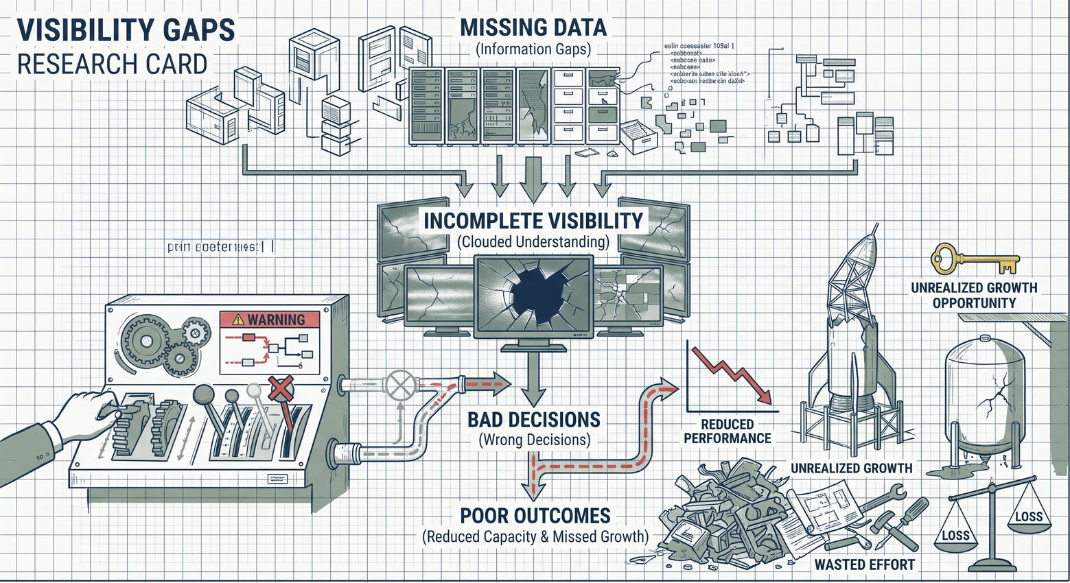 Visibility Gaps Create Blind Spots Blueprint-style business investigation card showing how missing information creates incomplete visibility, leads to incorrect decisions, and ultimately results in reduced performance, unrealized growth, wasted effort, and business losses.