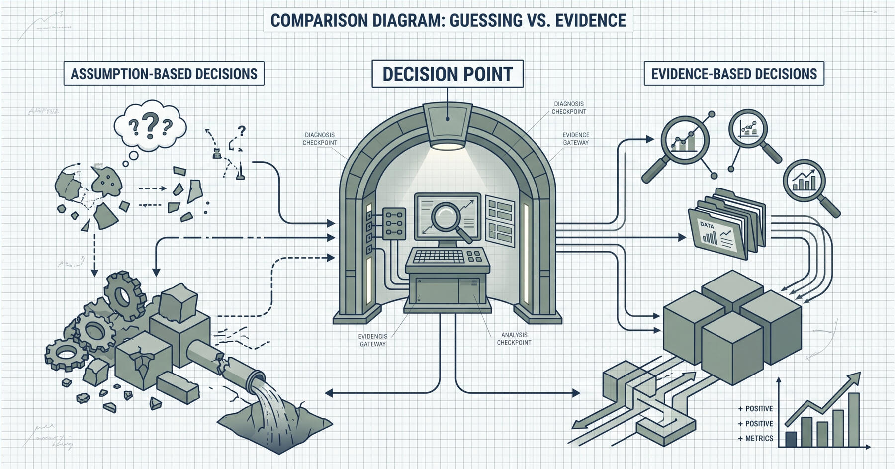 The Cost of Assumptions Blueprint-style comparison diagram showing assumption-based decisions leading to wasted effort and wasted capital, contrasted with evidence-based decisions that pass through diagnosis and produce clarity, targeted action, and measurable progress.