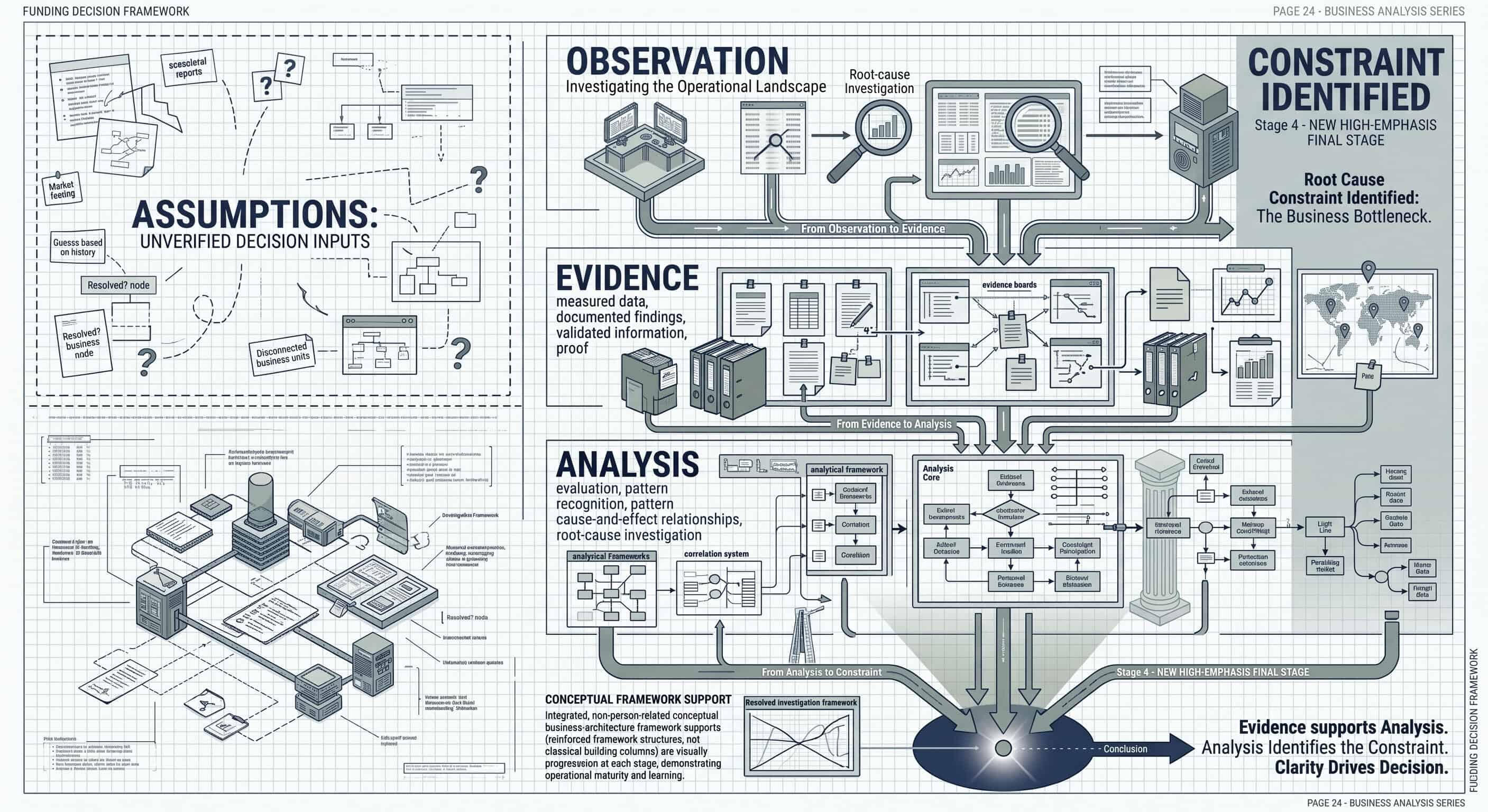 Business Investigation Framework Blueprint-style business investigation diagram showing a structured diagnostic process moving from assumptions and observations through evidence gathering and analysis to identify operational constraints, bottlenecks, and root causes.