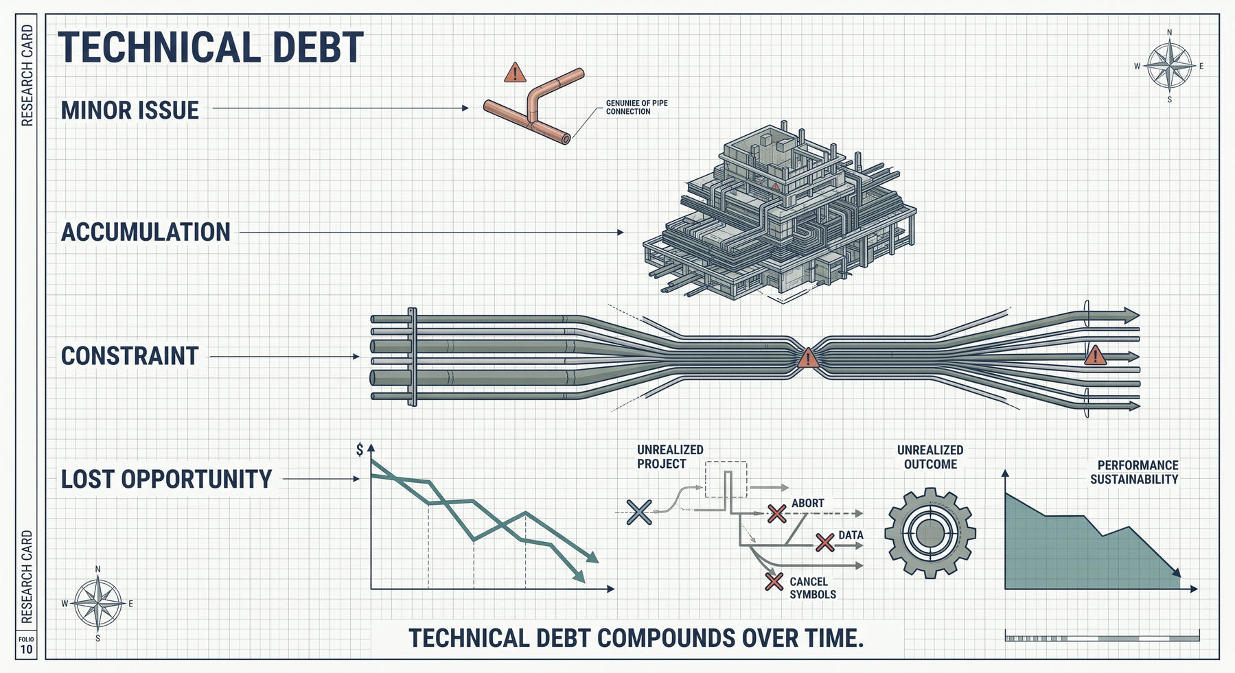 Technical Debt Compounds Over Time Blueprint-style business investigation card showing how a small overlooked technical issue grows into accumulated complexity, creates an operational bottleneck, and ultimately reduces performance, capacity, and business opportunities.