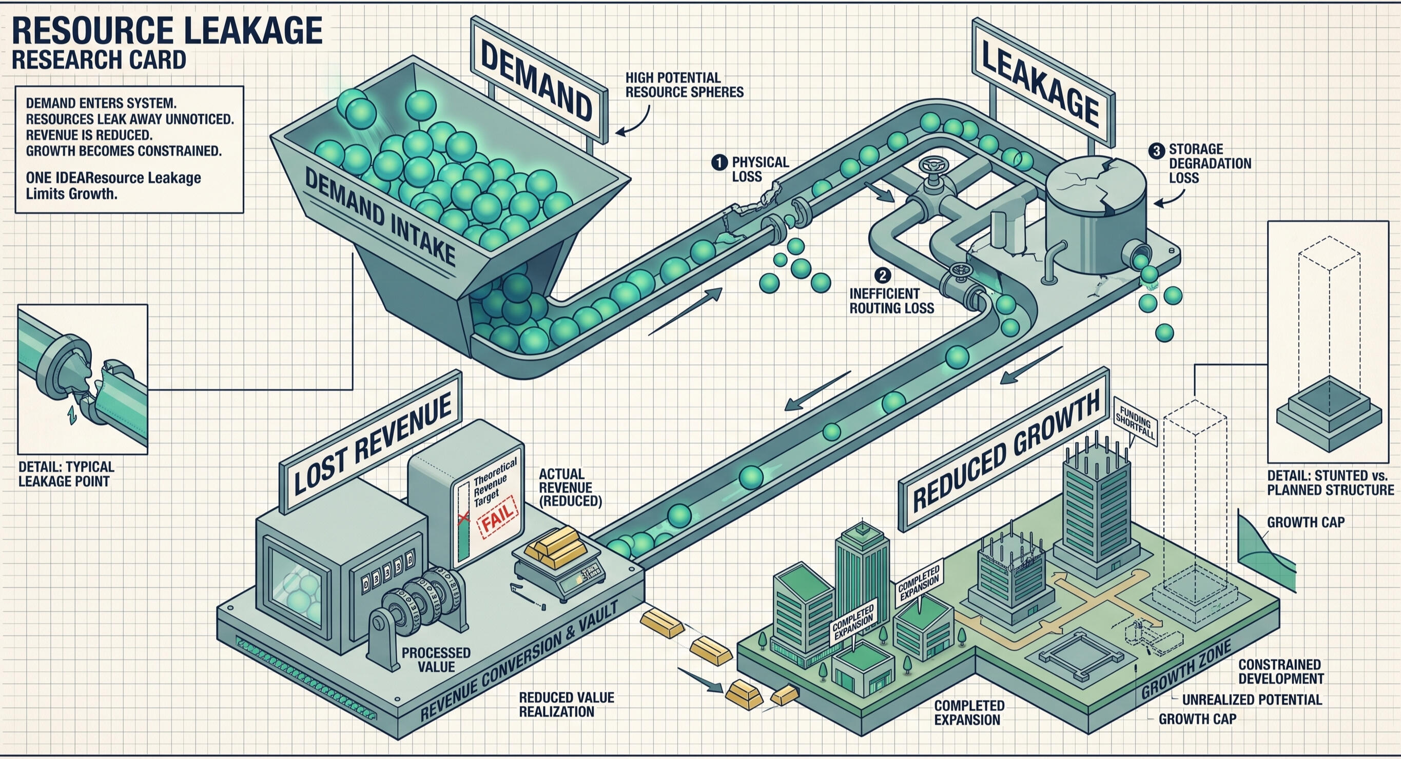 Resource Leakage Limits Growth Blueprint-style business investigation card showing business demand entering a system, resources leaking through multiple loss points, reduced value being converted into revenue, and constrained growth resulting from unrealized business potential.