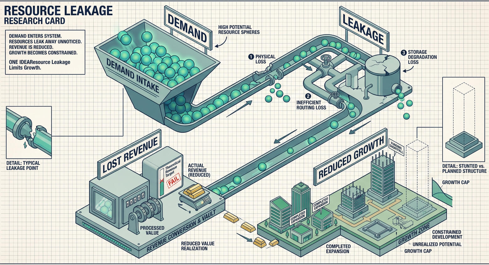 Resource Leakage Limits Growth Blueprint-style business investigation card showing business demand entering a system, resources leaking through multiple loss points, reduced value being converted into revenue, and constrained growth resulting from unrealized business potential.