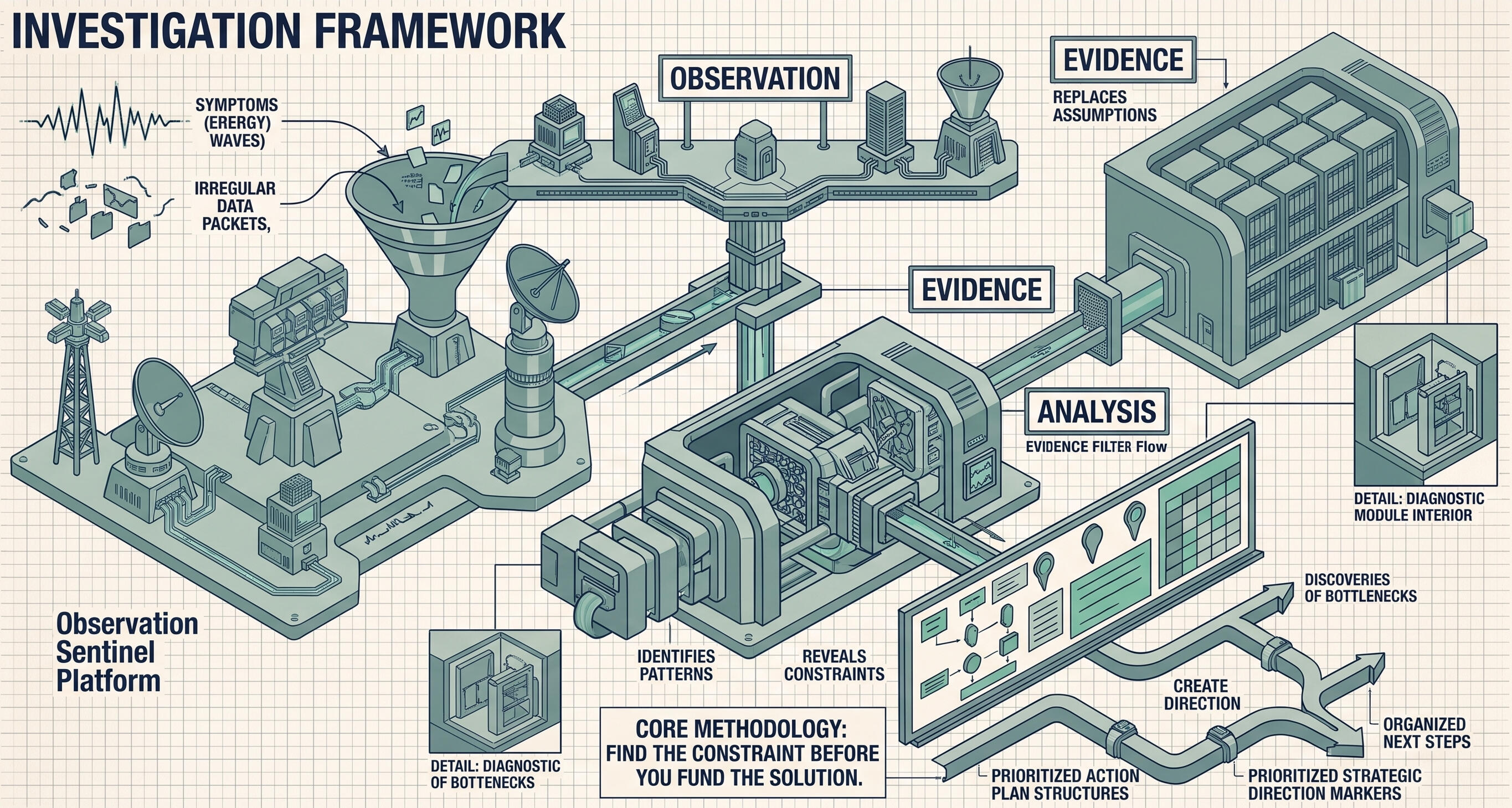 Business Investigation Framework Blueprint-style business investigation framework showing a structured methodology moving from observation and evidence gathering through analysis, findings, and recommendations to identify business constraints and create clear strategic direction.