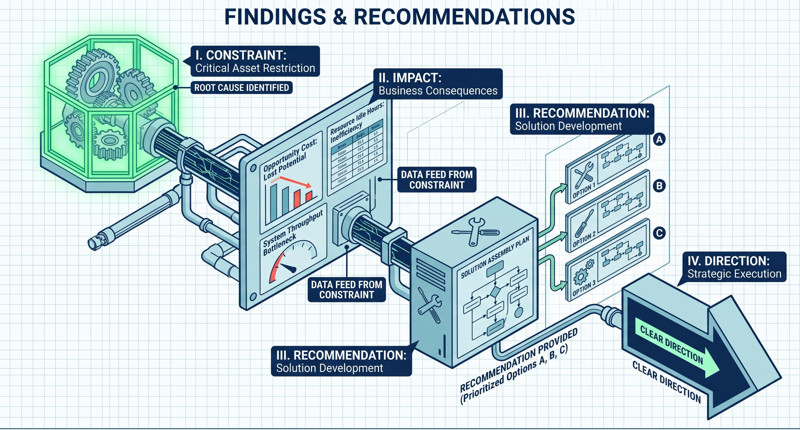 Findings and Recommendations Framework Blueprint-style business investigation diagram showing an identified business constraint being evaluated for operational impact, translated into prioritized recommendations, and converted into clear strategic direction and next steps.