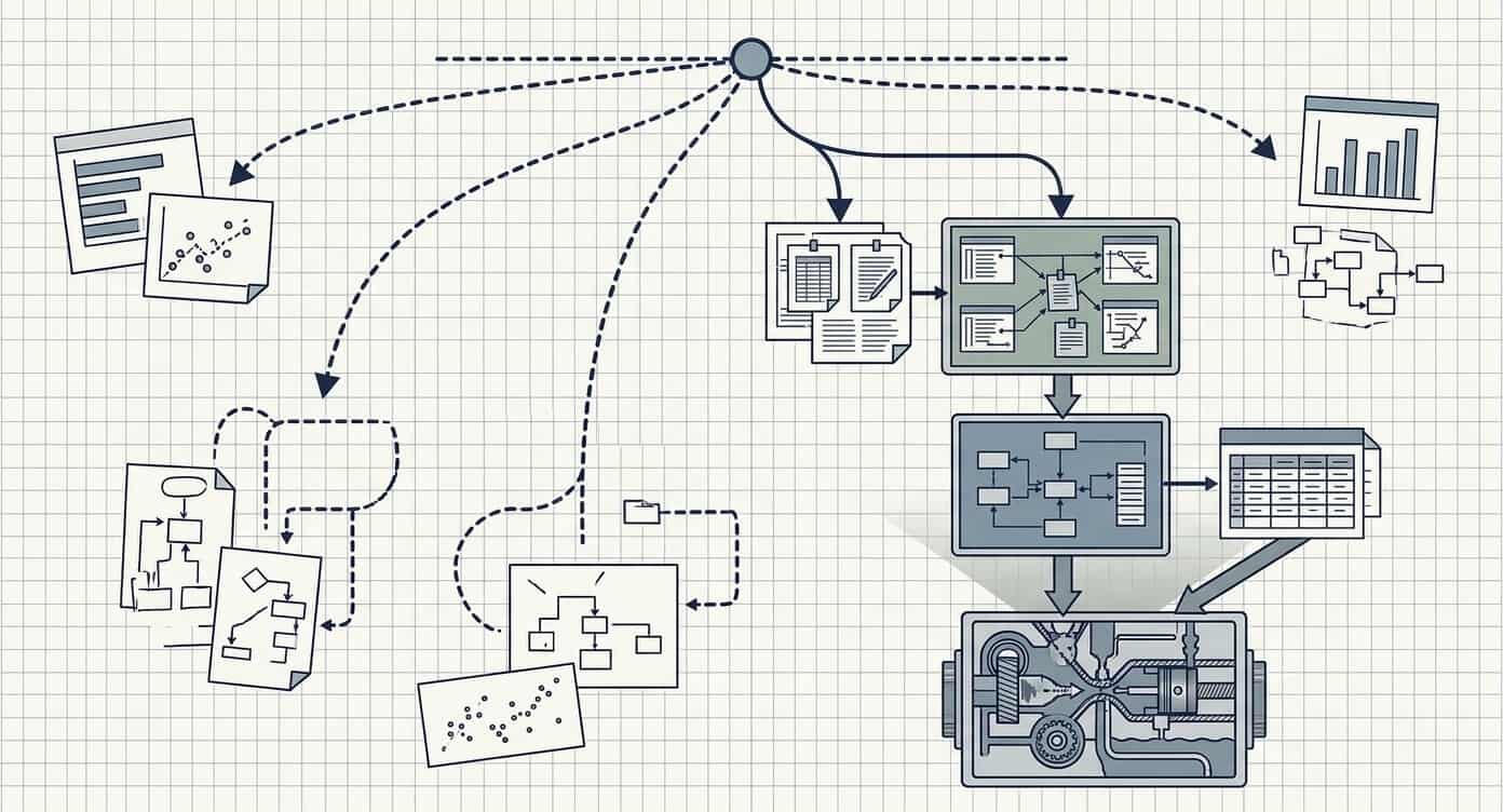 Findings and Recommendations Framework Blueprint-style business investigation diagram showing an identified business constraint being evaluated for operational impact, translated into prioritized recommendations, and converted into clear strategic direction and next steps.